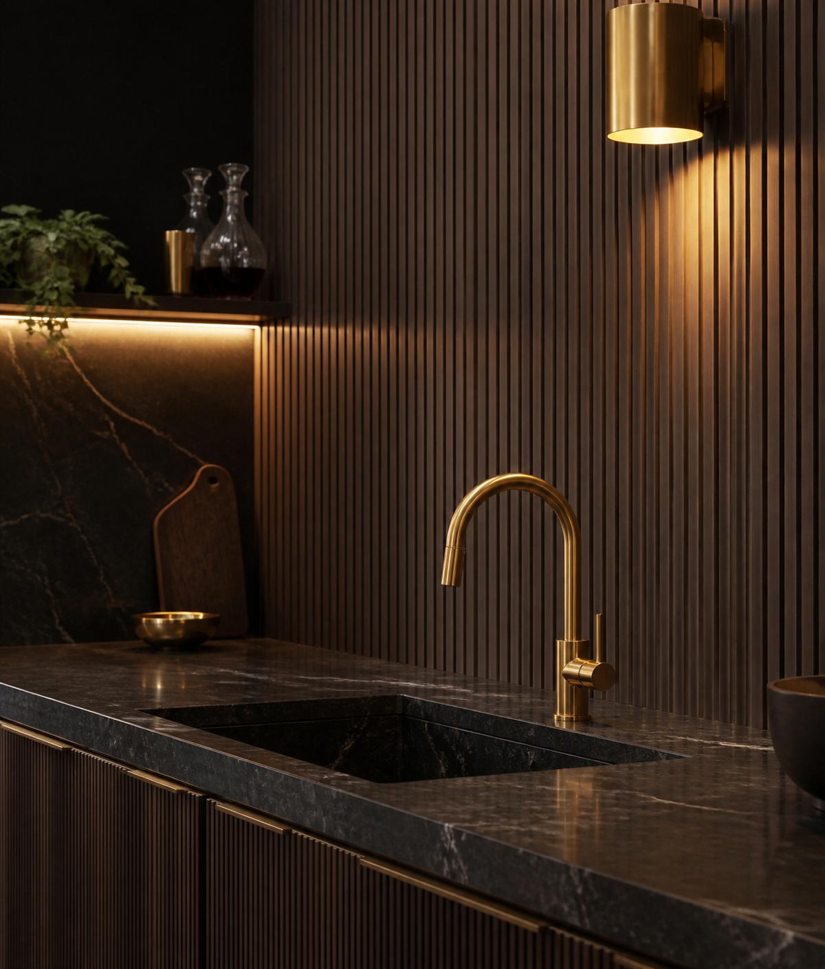 Dark luxury kitchen with black marble countertop and gold mixer tap