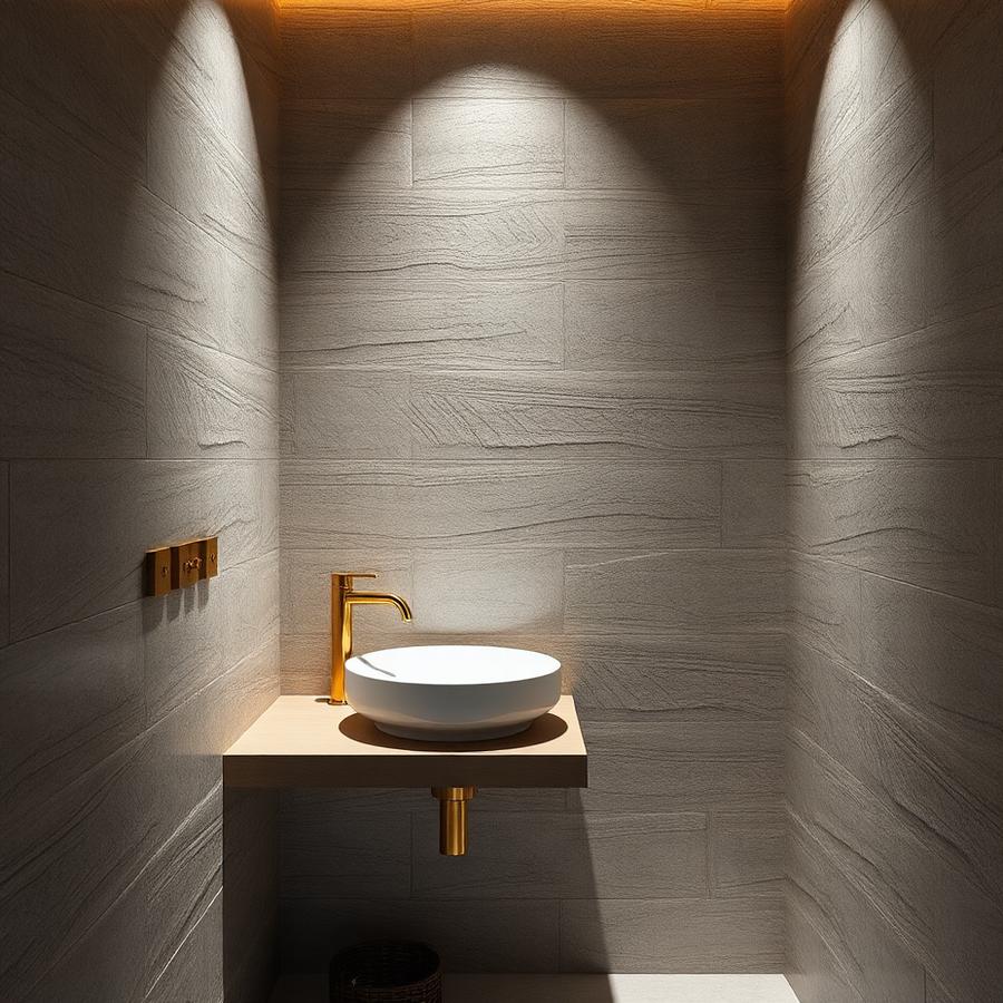Minimal powder room with floating basin and gold wall tap