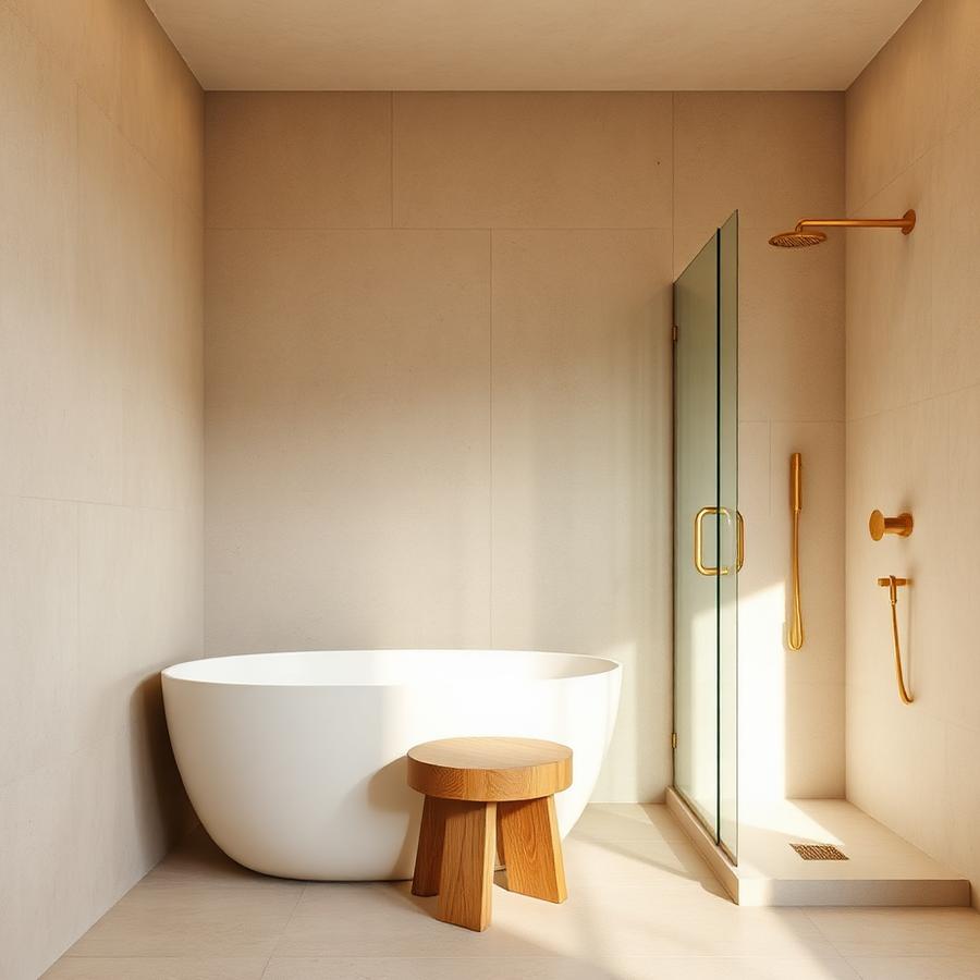 Spa bathroom with soft daylight and brass shower